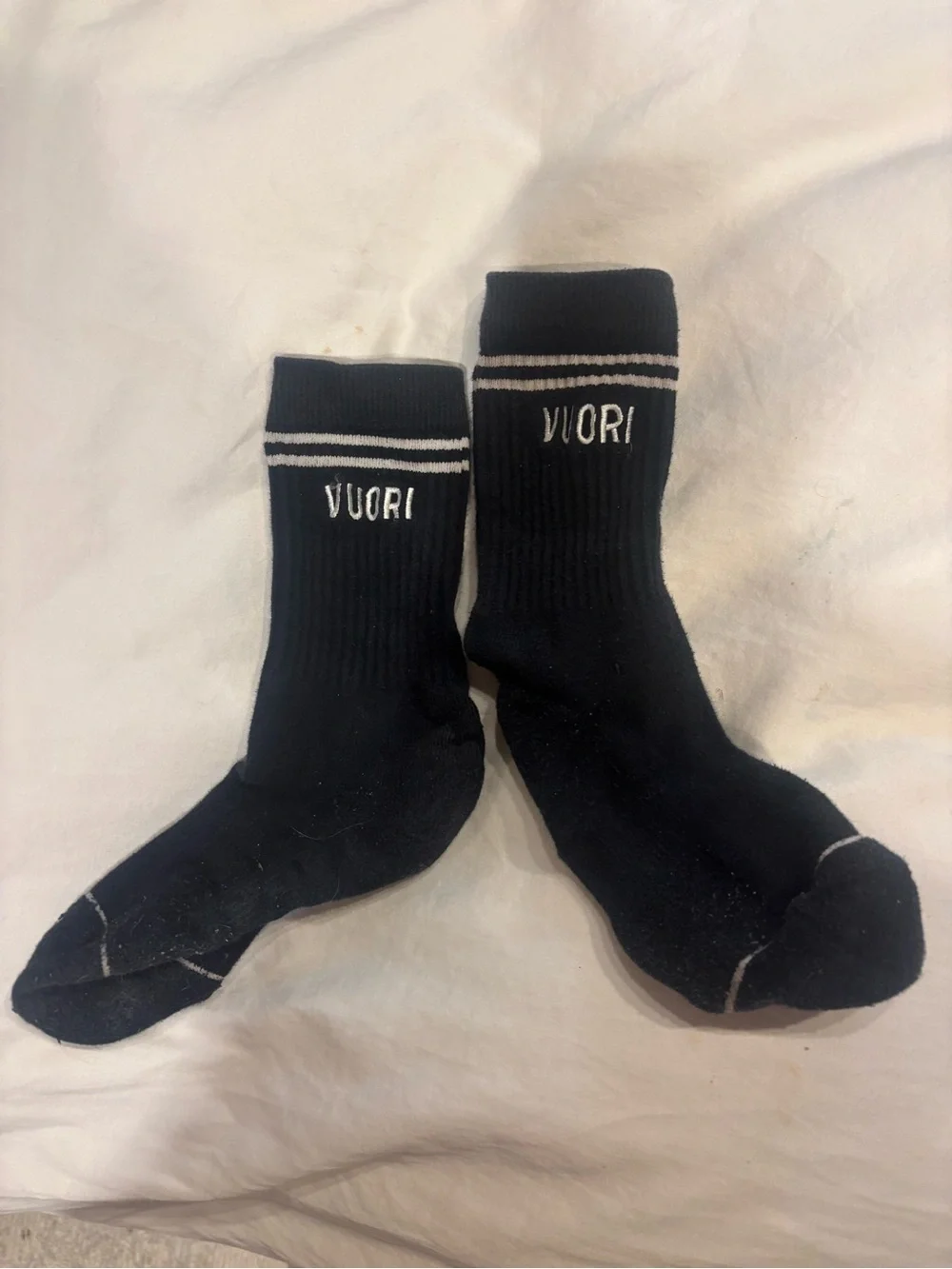 Vuori Black Crew Socks with White Stripe Accents
